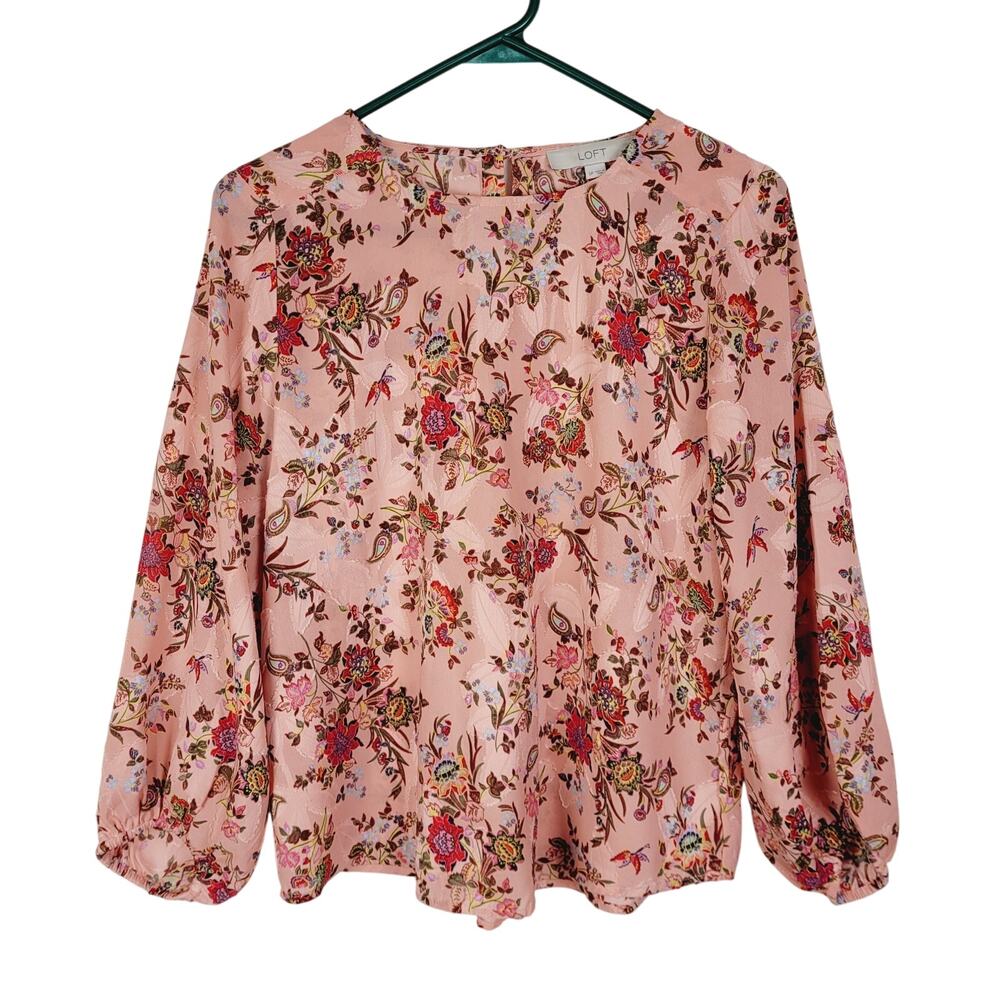 Loft pink textured burnout floral paisley balloon sleeve blouse Size S petite